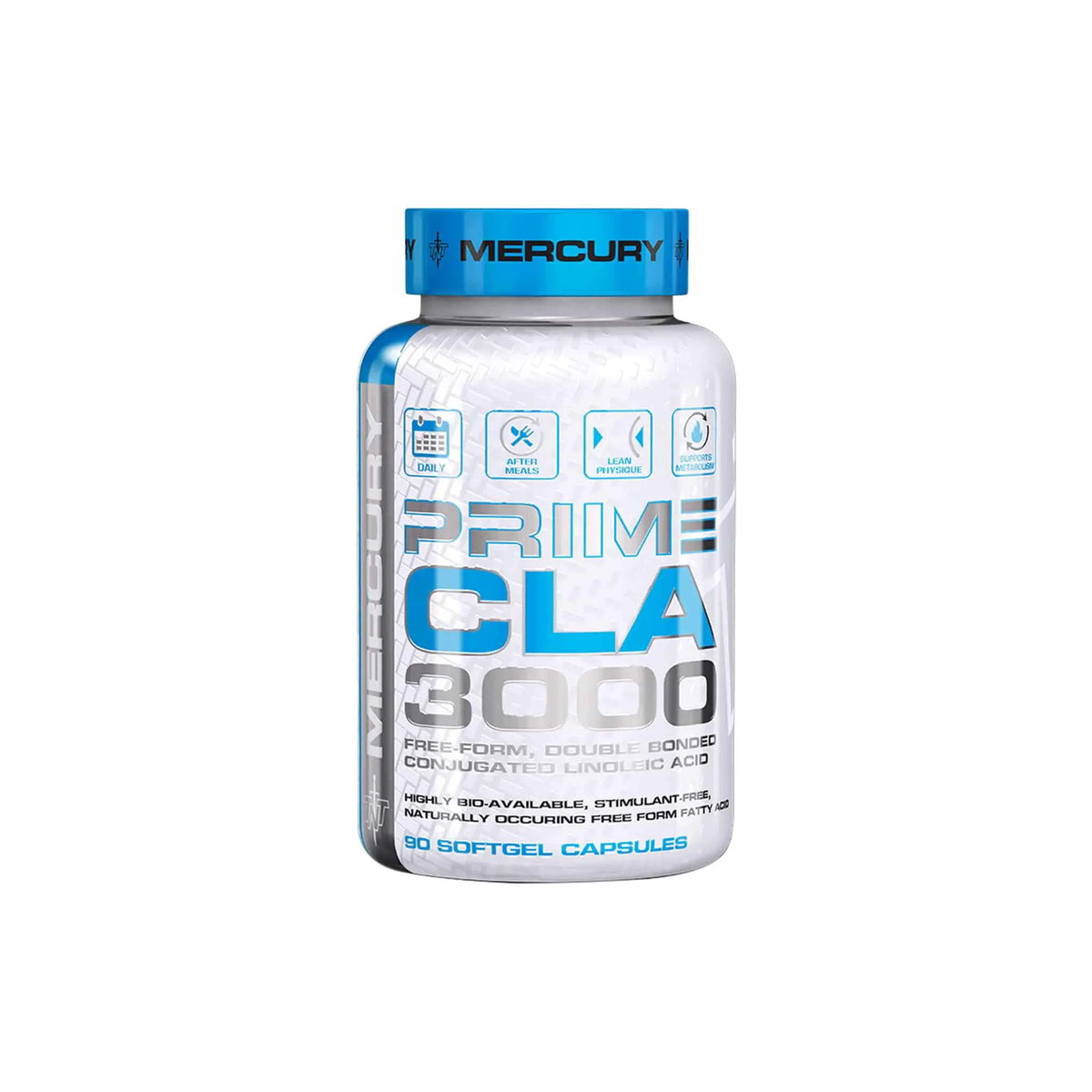 Mercury TNT Prime CLA 3000 supplement bottle, 90 softgel capsules for weight maintenance and muscle support.
