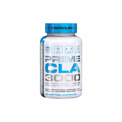 Mercury TNT Prime CLA 3000 supplement bottle, 90 softgel capsules for weight maintenance and muscle support.