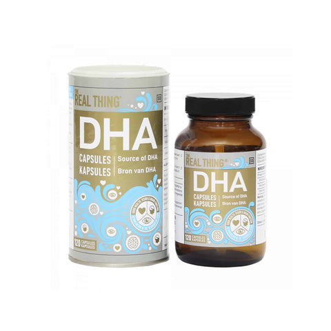 The Real Thing DHA capsules in a bottle and tube, providing 250 mg DHA and 50 mg EPA per serving.