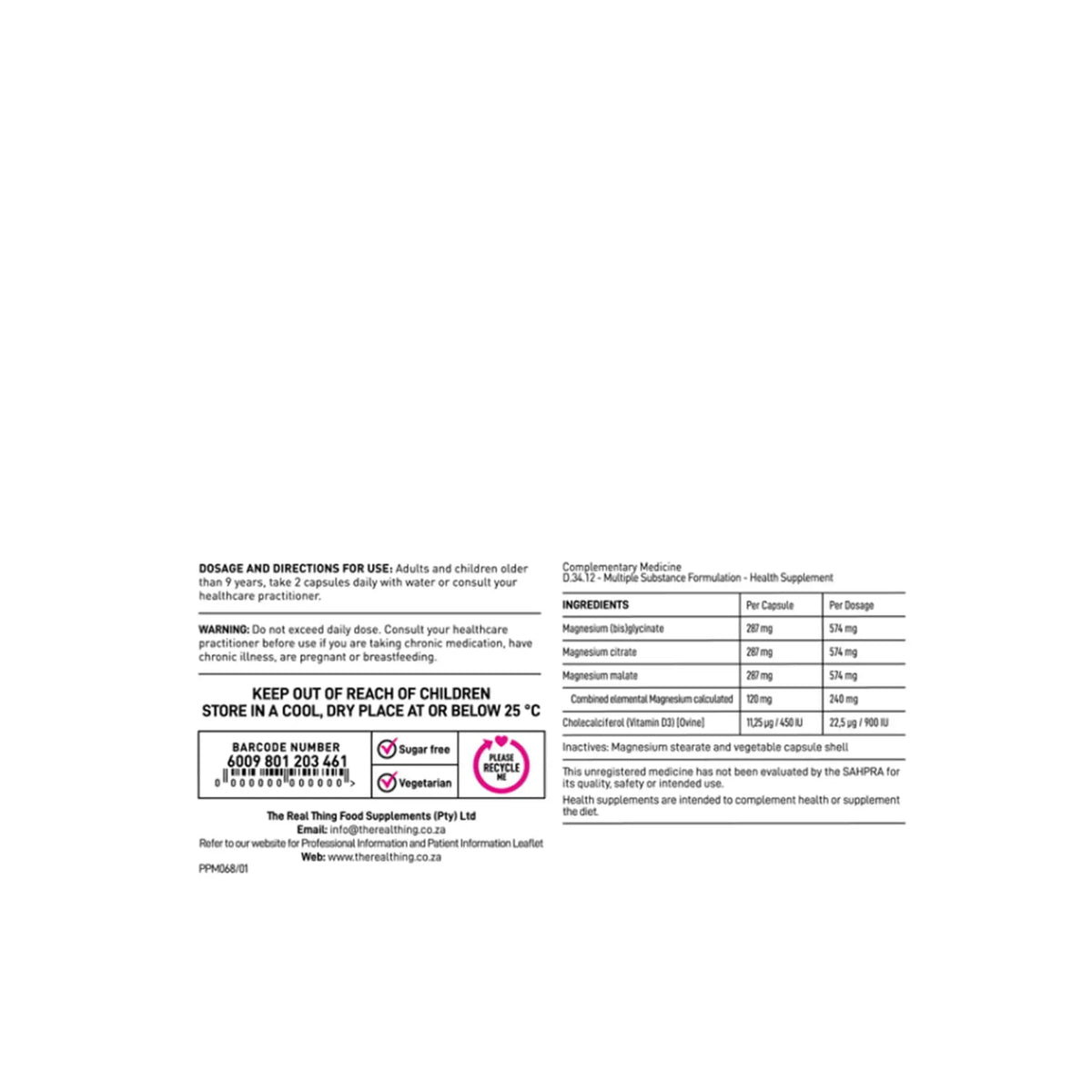 Nutritional label for The Real Thing Tri-Mag Capsules, detailing ingredients and dosage instructions.