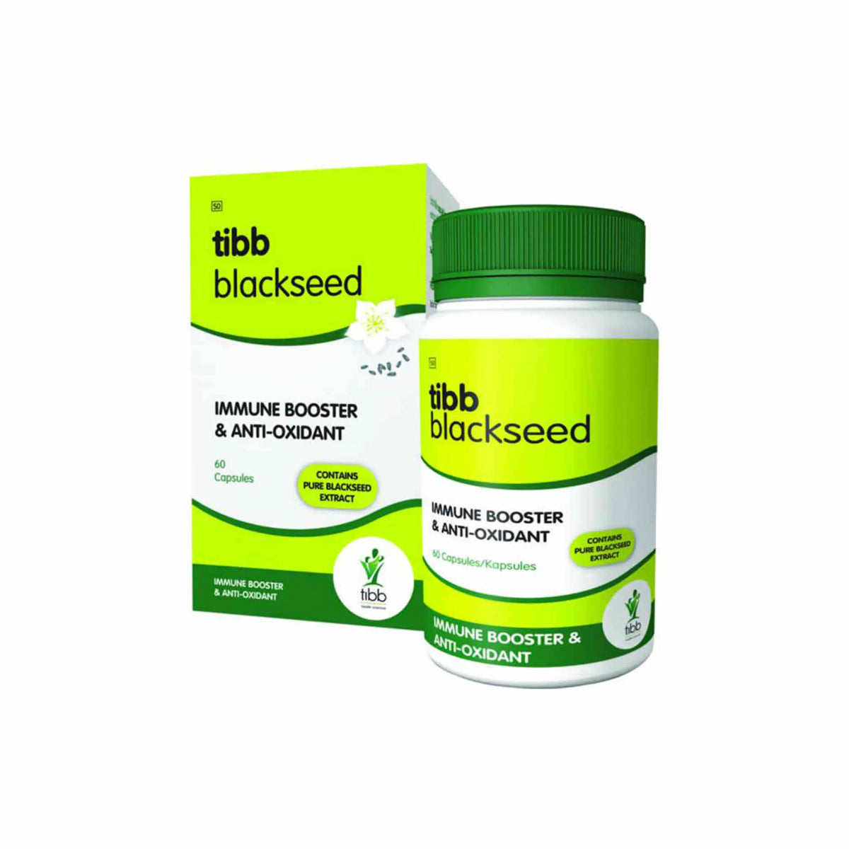 Tibb Blackseed capsules packaging, promoting immune booster and anti-oxidant benefits, with Nigella sativa extract.