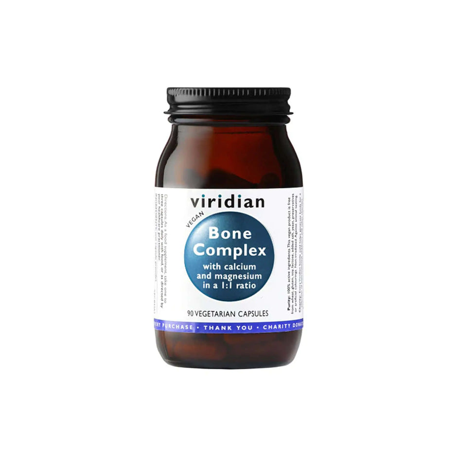 Viridian Bone Complex vegan capsules with calcium and magnesium for healthy bones and teeth maintenance.