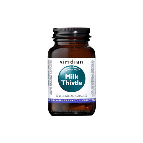 Viridian Milk Thistle bottle with 30 vegetarian capsules for liver health and detox support.