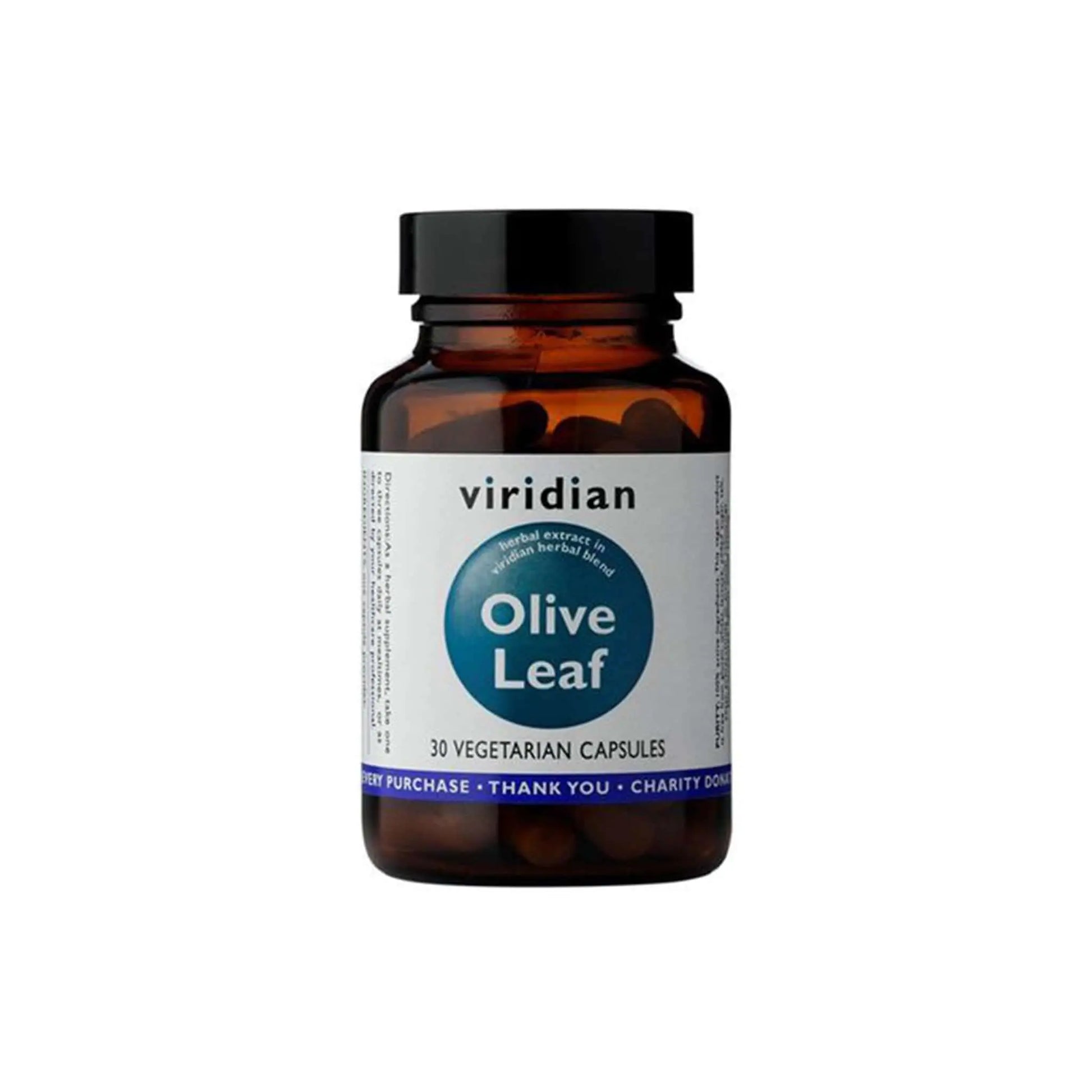 Viridian Olive Leaf Extract bottle containing 30 vegetarian capsules, promoting heart health and natural wellness.