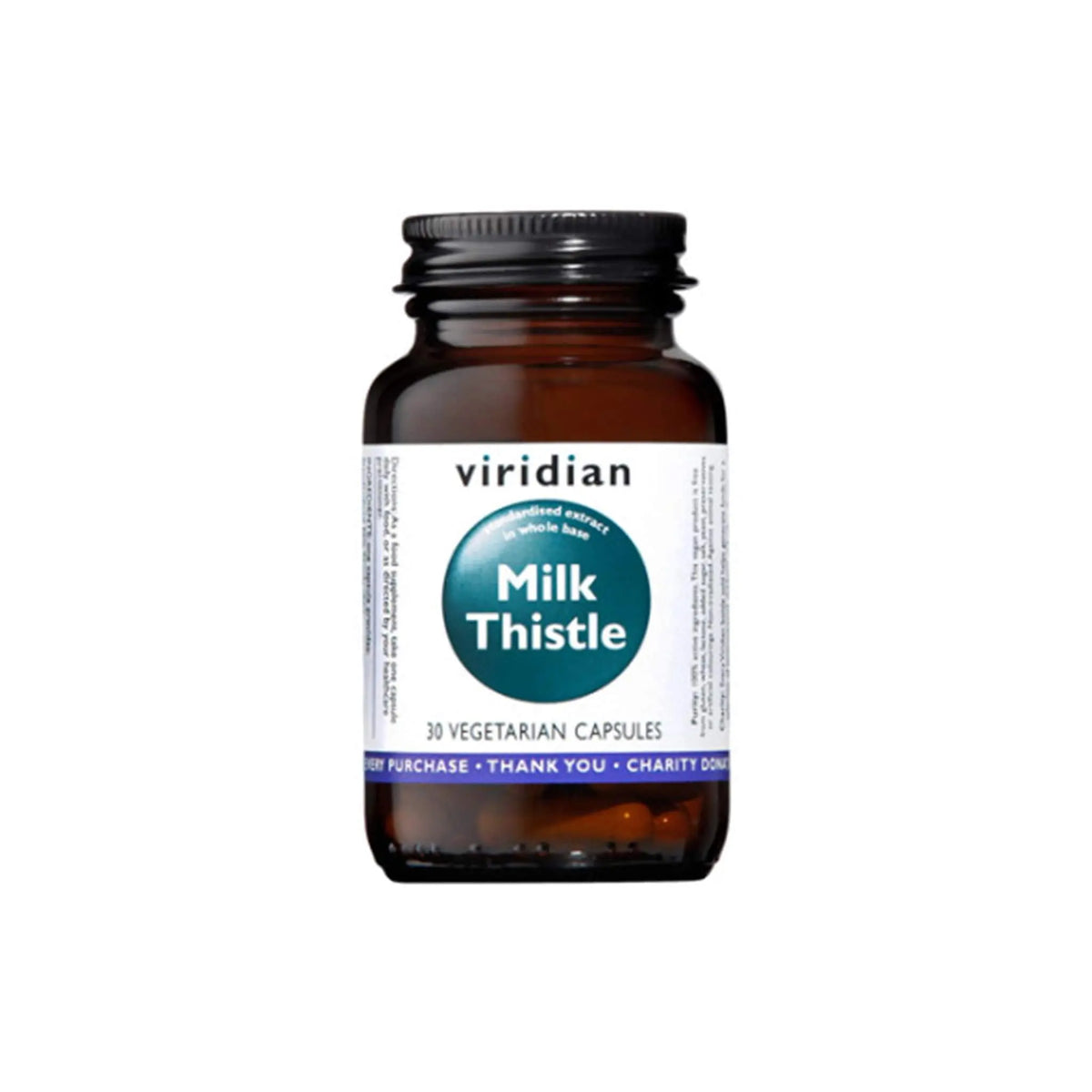 Viridian Organic Milk Thistle bottle containing 30 vegetarian capsules for liver health support.
