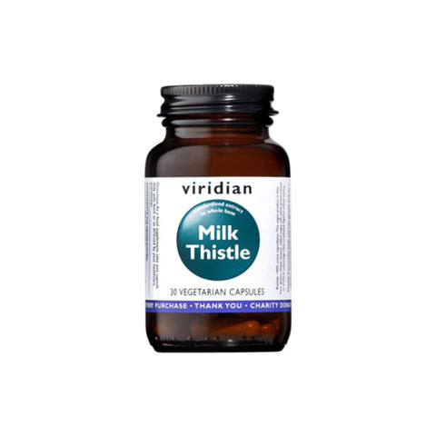 Viridian Organic Milk Thistle bottle containing 30 vegetarian capsules for liver health support.