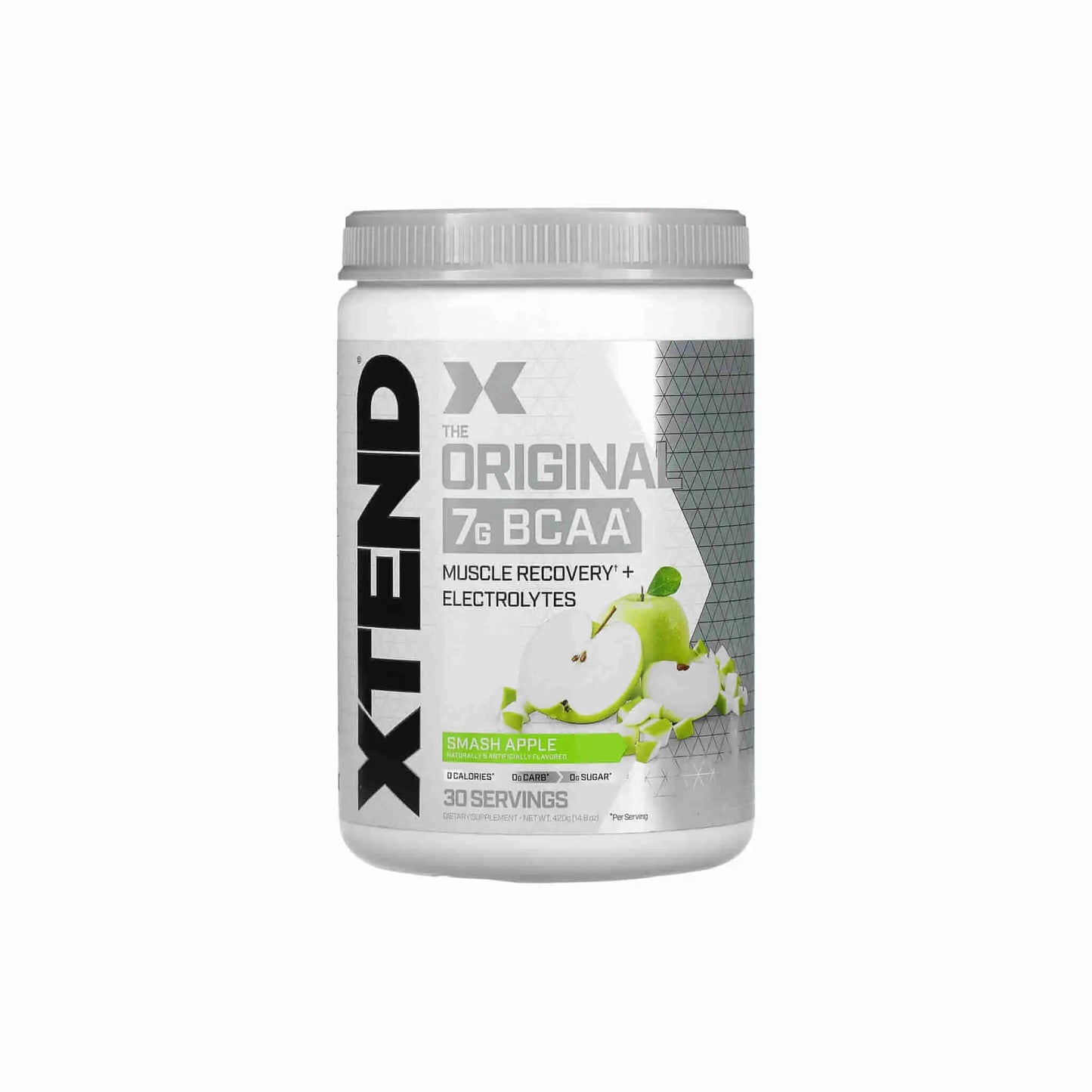 Scivation Xtend The Original 7g BCAA in Smash Apple flavor, designed for muscle recovery and hydration with electrolytes.