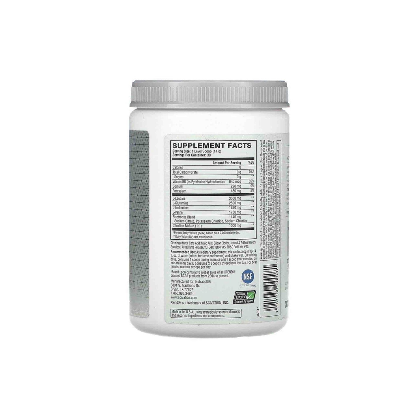 Supplement facts label of Scivation Xtend Original 7g BCAA showing ingredients and nutritional information.