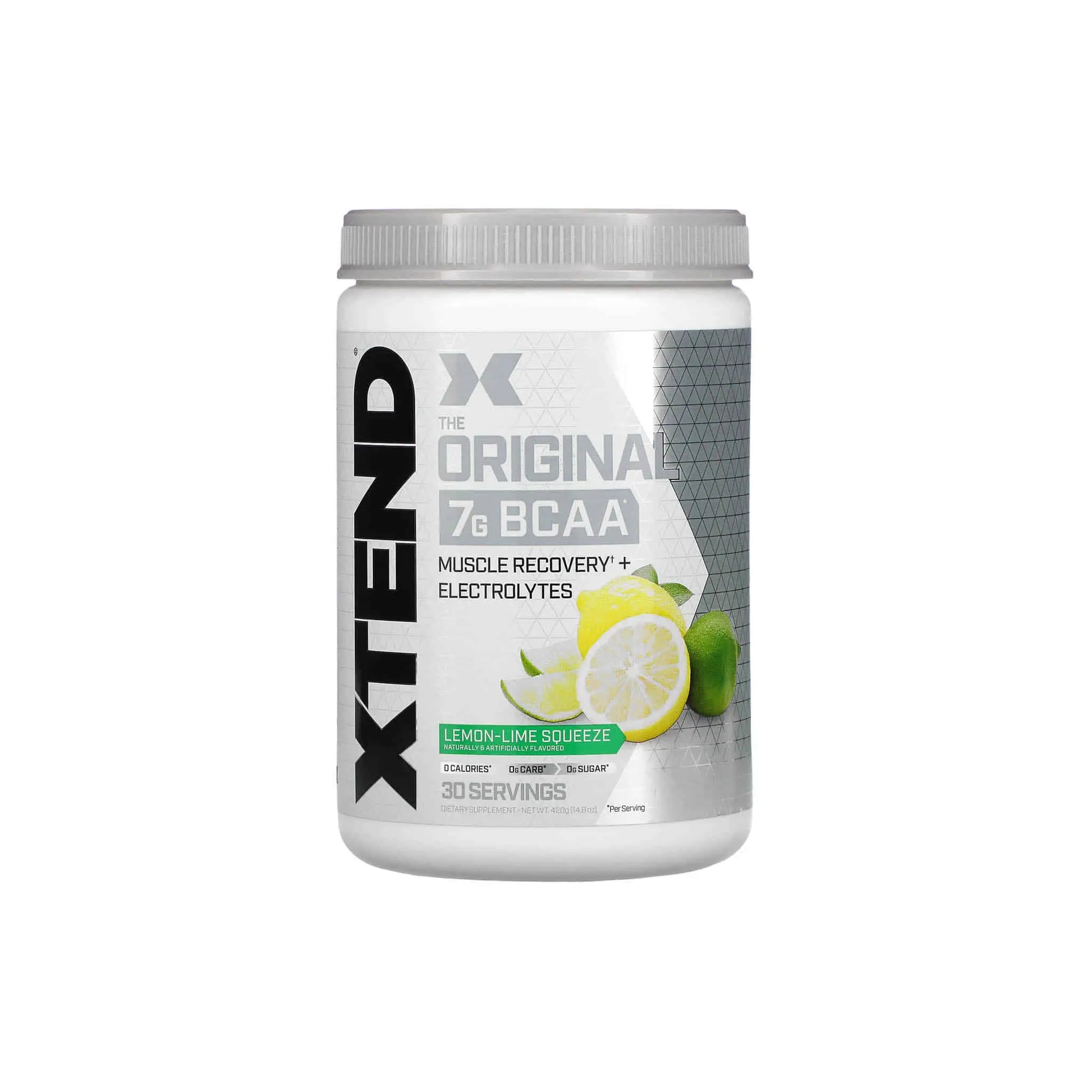Scivation Xtend Original 7g BCAA Lemon-Lime Squeeze flavor for muscle recovery and hydration, 30 servings container.