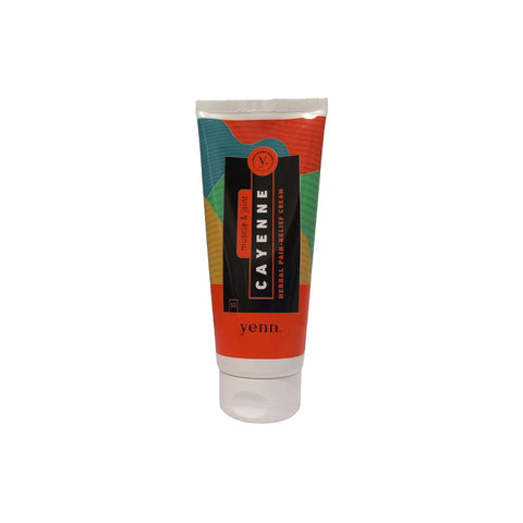 Yenn Cayenne Relief Cream in a tube for sore muscles, arthritis, and inflammation relief, vegan and cruelty-free formula.
