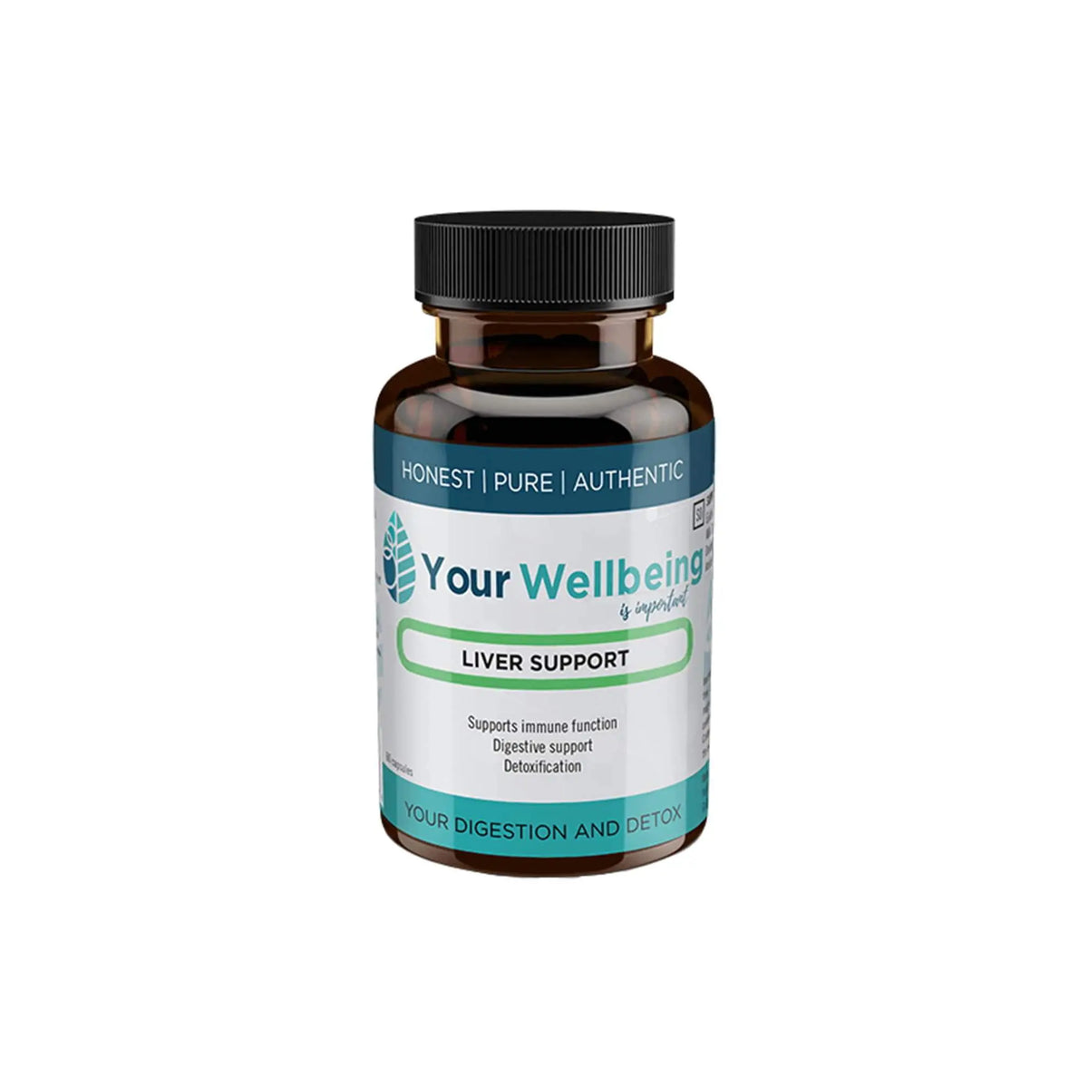 Your Wellbeing Liver Support supplement bottle, featuring immune support, digestive support, and detoxification benefits.