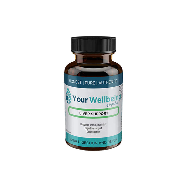 Your Wellbeing Liver Support supplement bottle, featuring immune support, digestive support, and detoxification benefits.