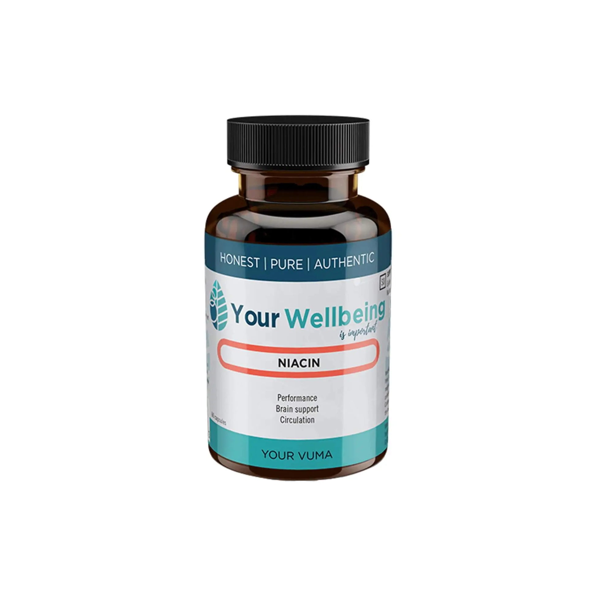 Your Wellbeing Niacin supplement for performance, brain support, and improved circulation in a vegetarian capsule.