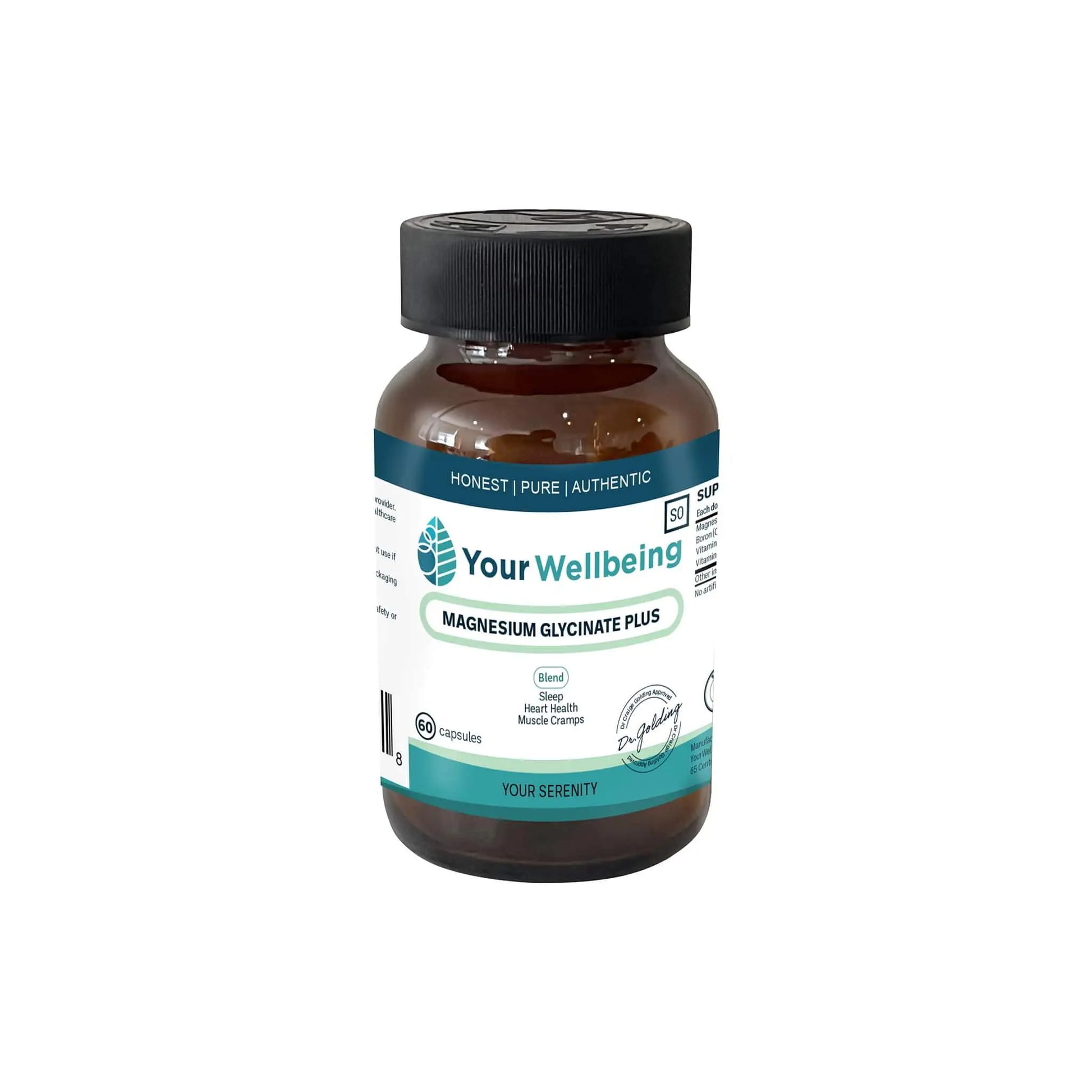 Bottle of Your Wellbeing Magnesium Glycinate Plus supplement for heart, brain, and muscle health.