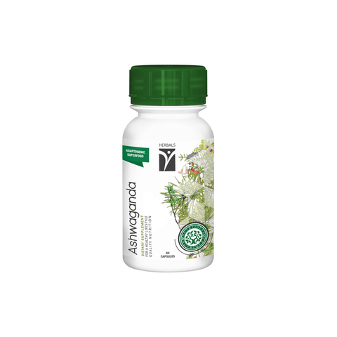 Ashwagandha herbal supplement capsules bottle for stress relief and wellness support, featuring natural ingredients.