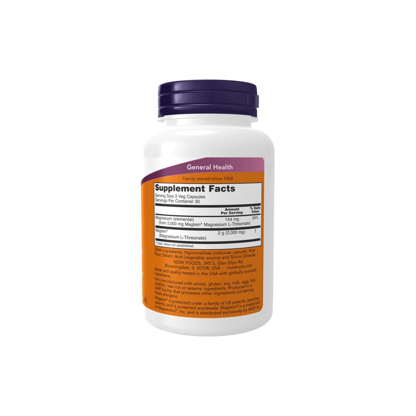 Now Foods Magtein Magnesium L-Threonate supplement facts label on a container, highlighting cognitive health benefits.