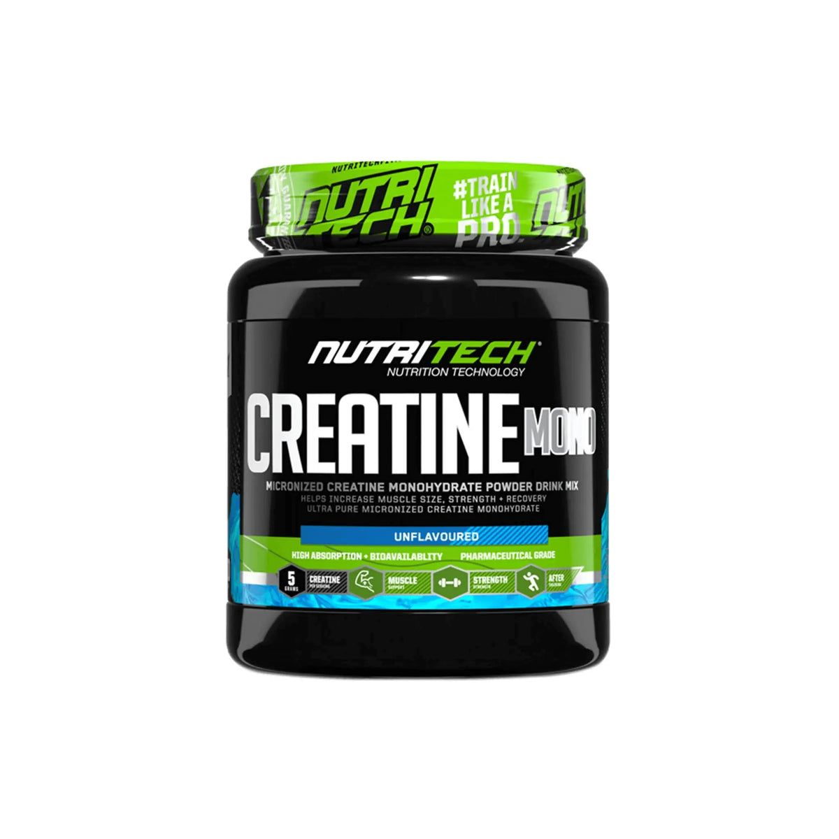 Nutritech Creatine Monohydrate 500g jar, micronized formula for strength, muscle mass, and recovery support.