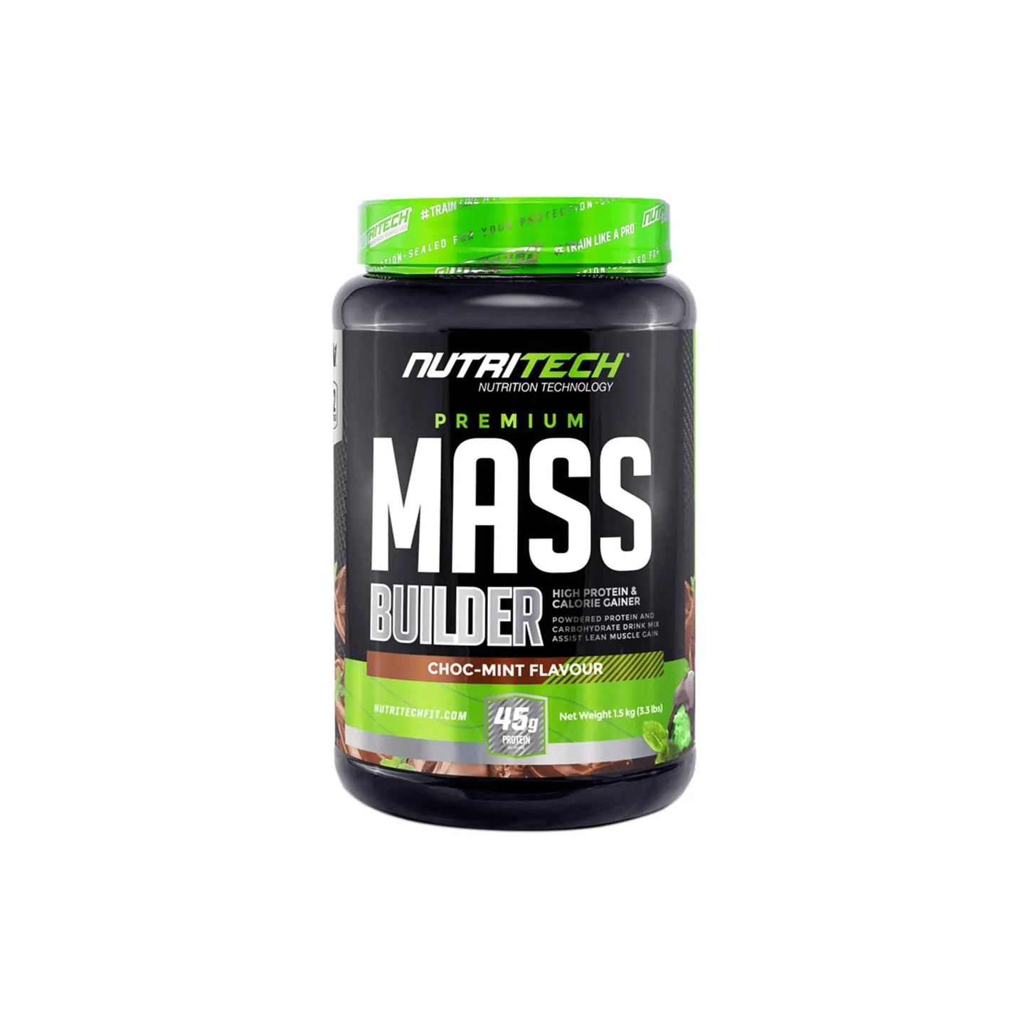 Nutritech Premium Mass Builder 1.5Kg in choc-mint flavor, featuring four protein sources and 45g protein per serving.