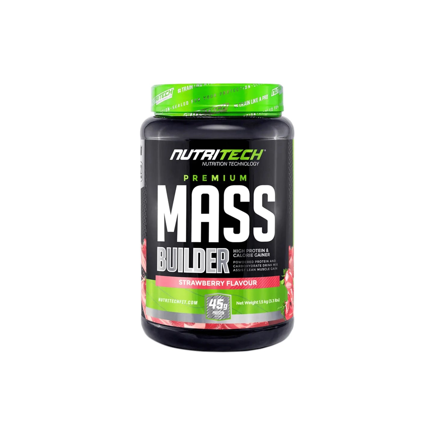 Nutritech Premium Mass Builder 1.5Kg strawberry flavor protein supplement, featuring 45g protein and 428 calories per serving.