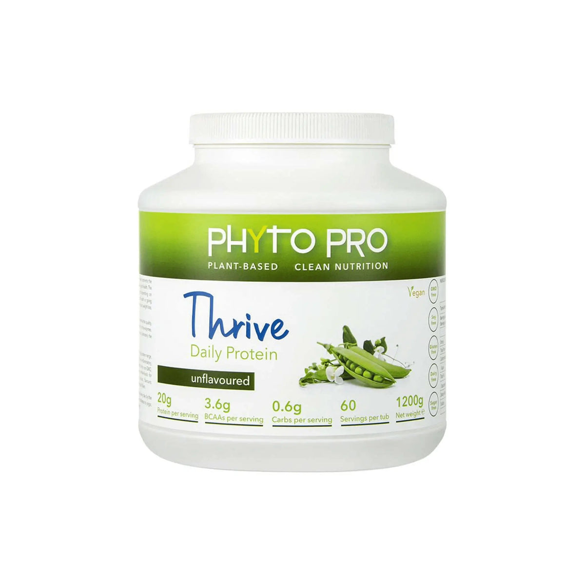 Phyto Pro Thrive Protein unflavoured, plant-based protein powder with 88% protein isolate from non-GMO peas.