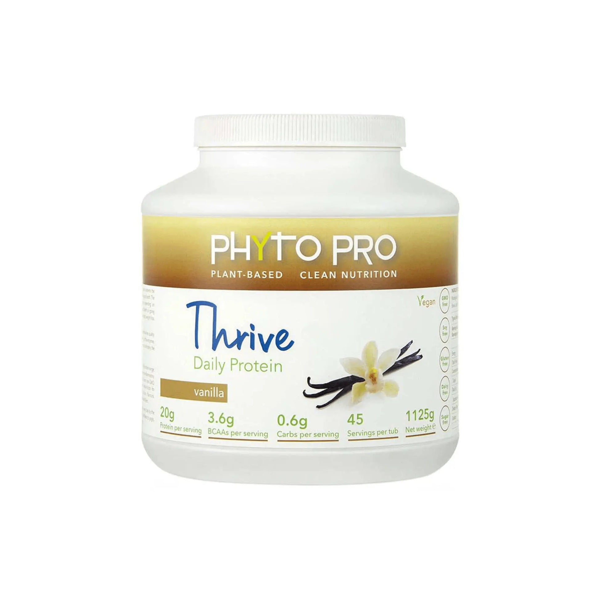 Phyto Pro Thrive Protein Vanilla powder container showcasing plant-based nutrition with vanilla flavor and nutritional information.